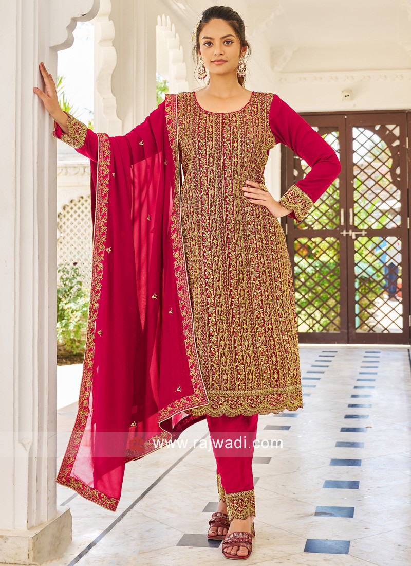 Deep Pink Zari Embroidered Dress Material