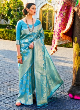 Deep Sky Blue Zari Woven Designer Saree