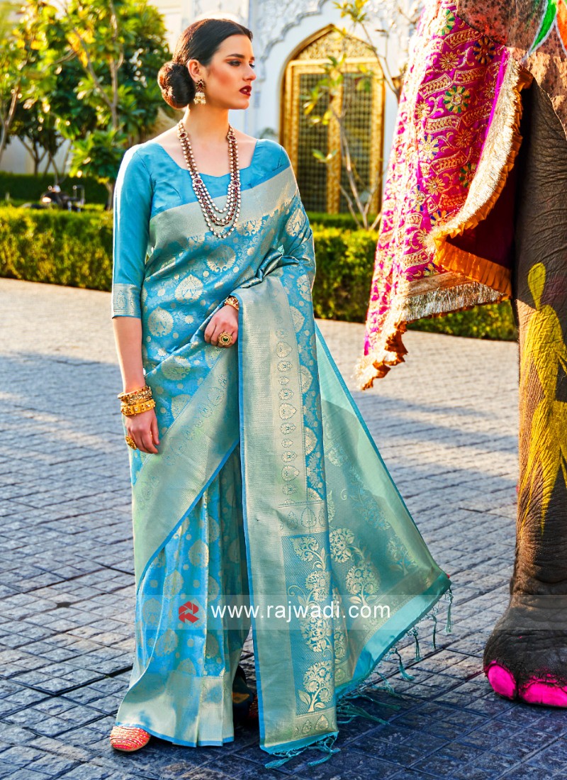 Sky blue and white handloom & hand dyed leheriya saree with gold sequi