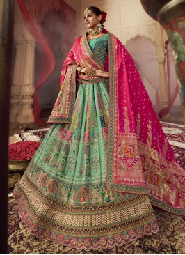 Sea Green And Pink Wedding Wear Lehenga Choli