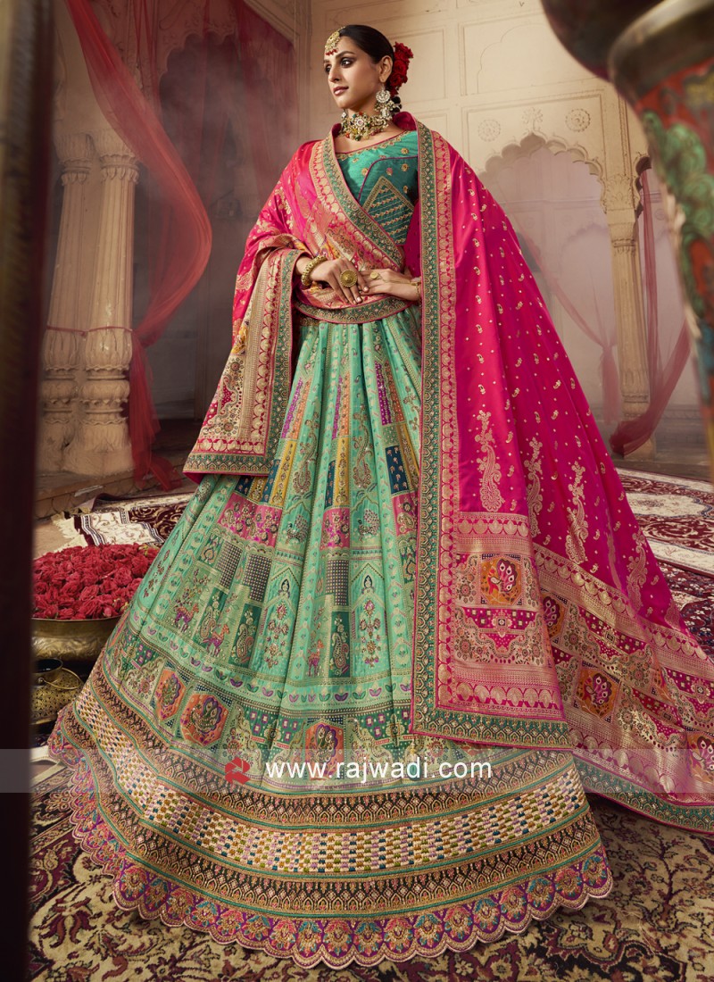 Sea Green Colour Jacquard Fabric Weaving Lehenga Choli - Monjolika - 4159817