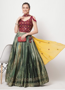 Delightful Green And Maroon Chinon Silk Lehenga Choli