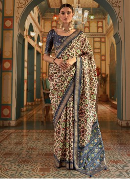 Elegant Cream and Blue Patola Silk Designer Saree