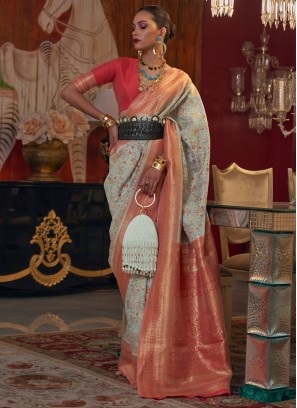 Elegant Powder Blue & Red Woven Handloom Silk Saree