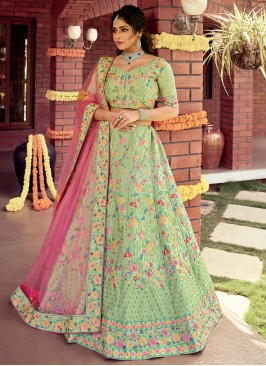 Demure Resham Raw Silk Green Lehenga Choli