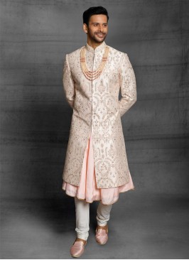 Designer Anarkali Sherwani In Cream Color