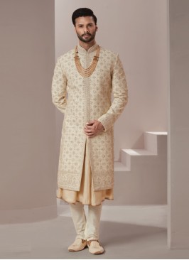 Designer Anarkali Style Silk Sherwani In Golden Color