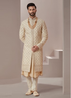 Designer Anarkali Style Silk Sherwani In Golden Color