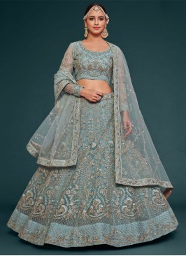 Designer Aqua Blue Zari Embroidered Lehenga Choli