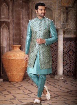 Designer Aqua Blue Indowestern In Art Silk