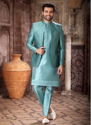 Designer Aqua Blue Indowestern In Banarasi Jacquard