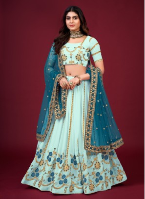 Designer Aqua Blue Faux Georgette Lehenga Choli