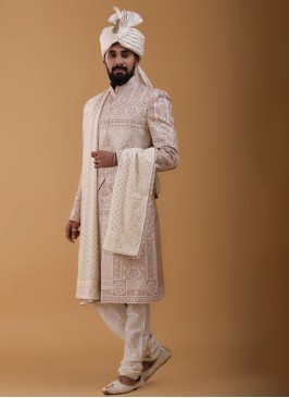 Designer Art Silk Embroidery Sherwani In Peach Color