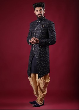 Designer Art Silk Sherwani In Navy Blue Color