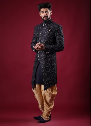 Designer Art Silk Sherwani In Navy Blue Color