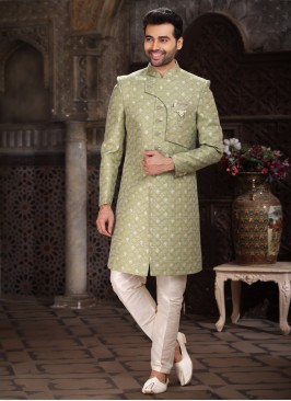 Designer Banarasi Jacquard Indowestern In Green