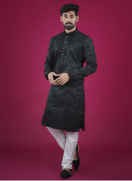 Designer Black Color Silk Kurta Pajama