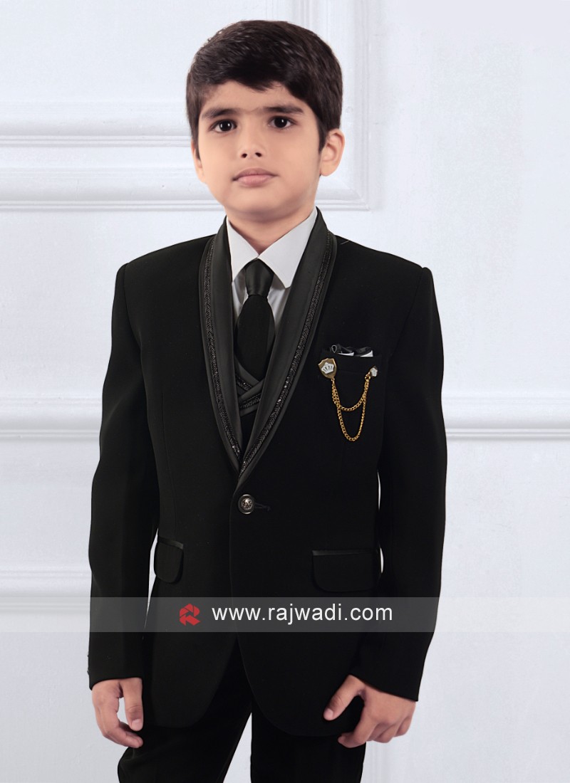 Boys Black Slim Jacket Suit with Navy Dickie Bow Tie | Charles Class