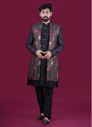 Designer Black Indowestern Nehru Jacket Set In Art Silk