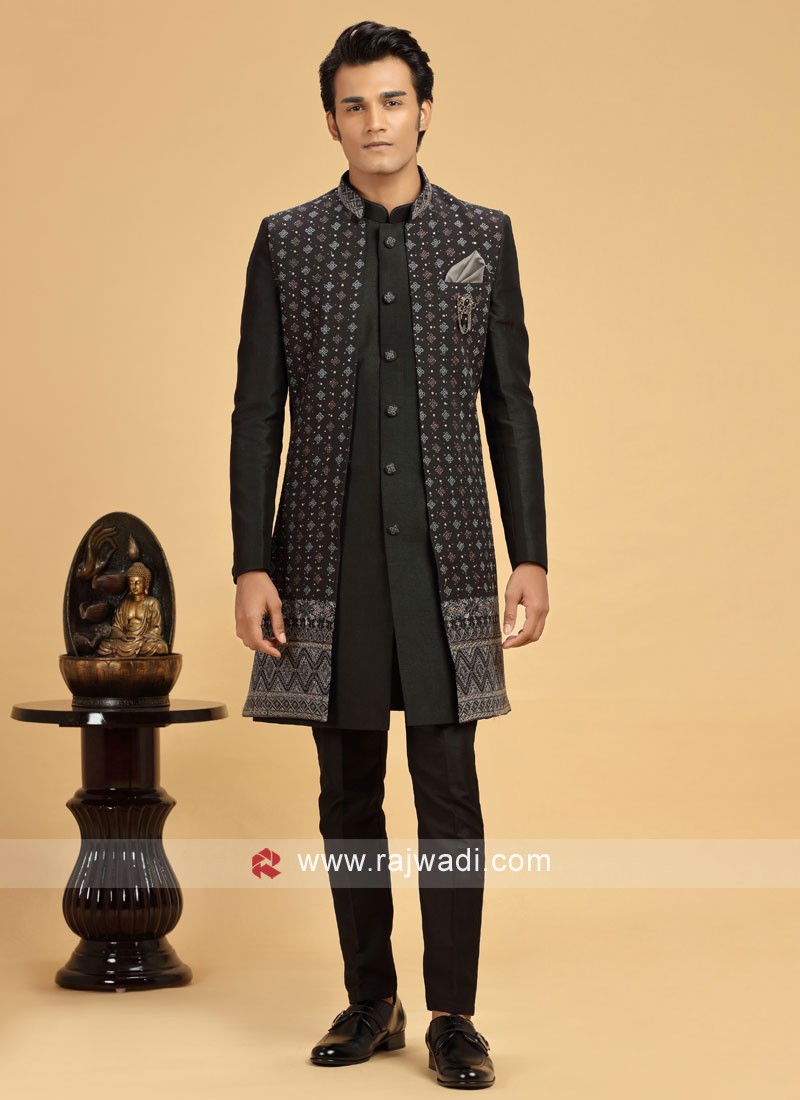 Designer Black Jacket Style Indowestern In Art Silk