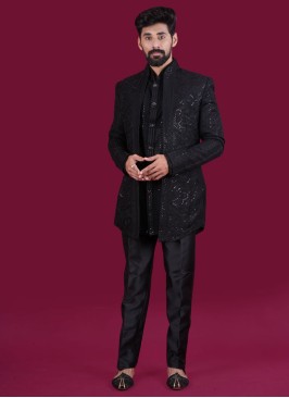 Designer Black Jacket Style Indowestern In Chiffon