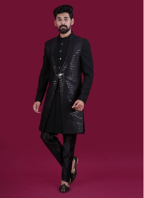 Designer Black Jacket Style Indowestern In Silk