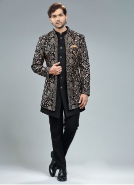 Designer Black Jacket Style Indowestern In Silk