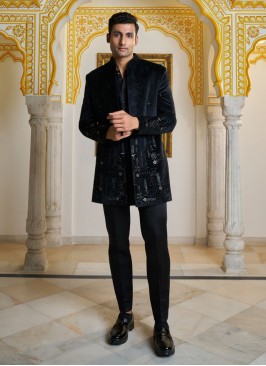 Designer Black Jacket Style Indowestern In Velvet