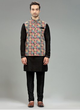 Designer Black Nehru Jacket Set In Art Silk