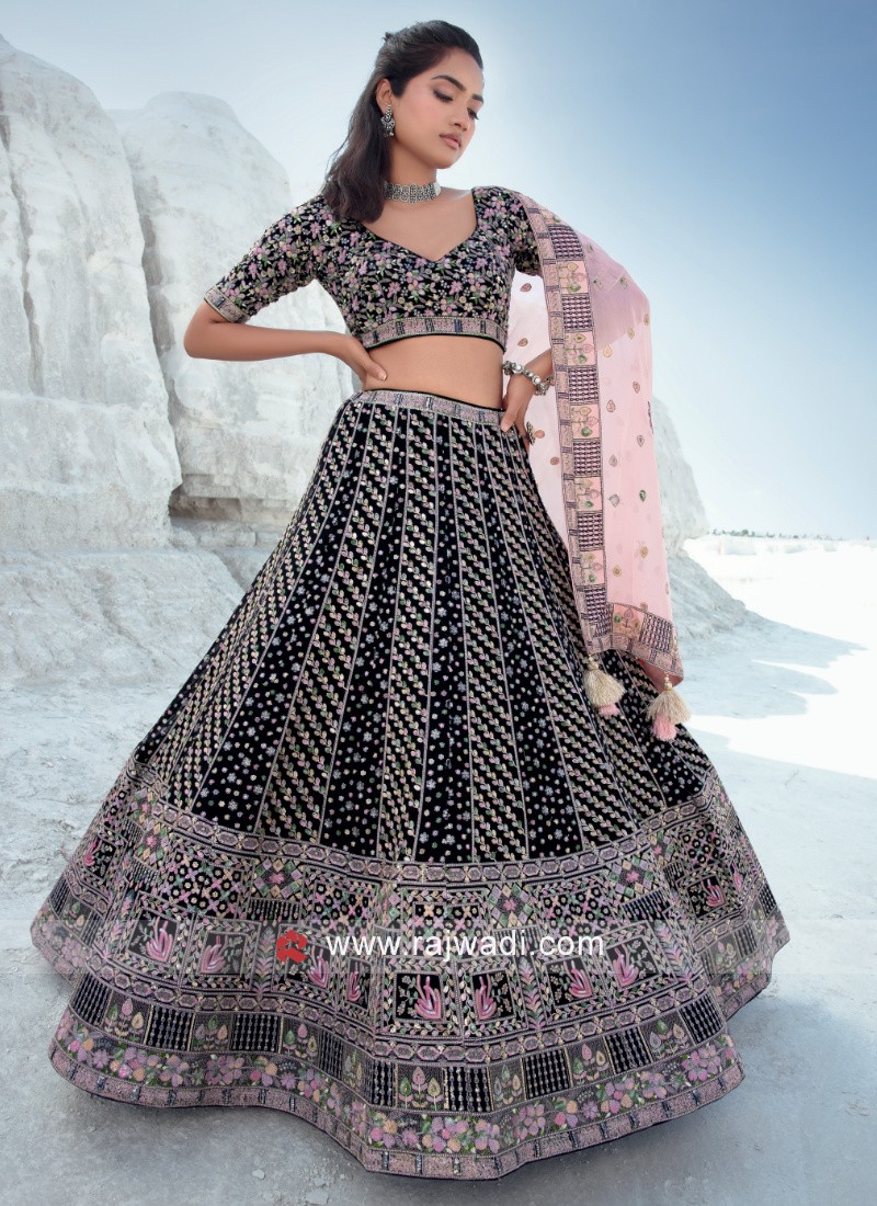 BLACK & SILVER OMBRE EMBROIDERED LEHENGA WITH CAPES – Ricco India