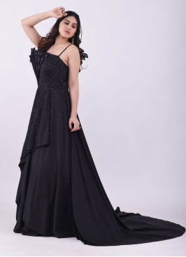 Designer Black Gown with Side Trail