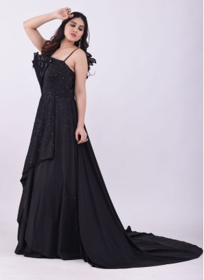 Designer Black Gown with Side Trail