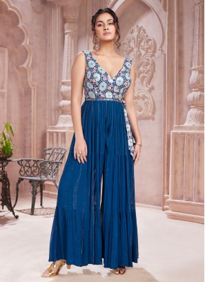 Designer Blue Chiffon Jumpsuit With Belt