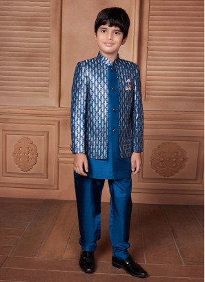 Designer Blue Jacket Style Indowestern In Art Silk