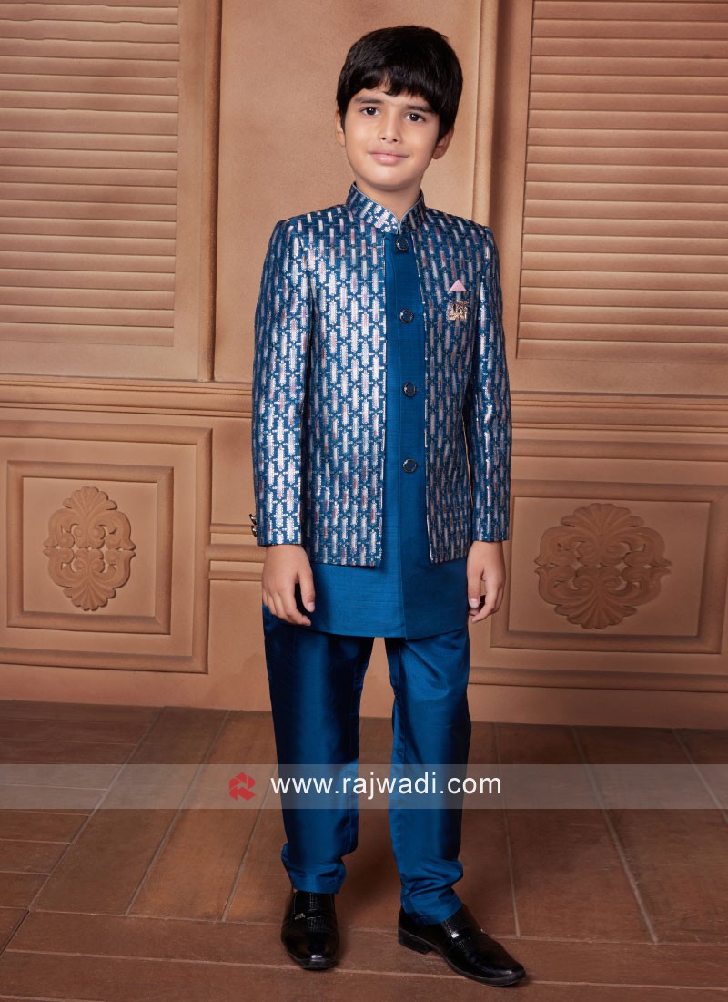 Designer Blue Jacket Style Indowestern In Art Silk