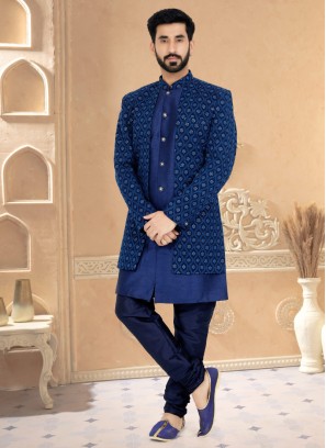 Designer Blue Jacket Style Indowestern Set
