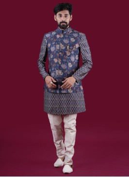 Designer Blue Nehru Jacket Set In Silk