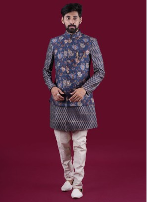 Designer Blue Nehru Jacket Set In Silk