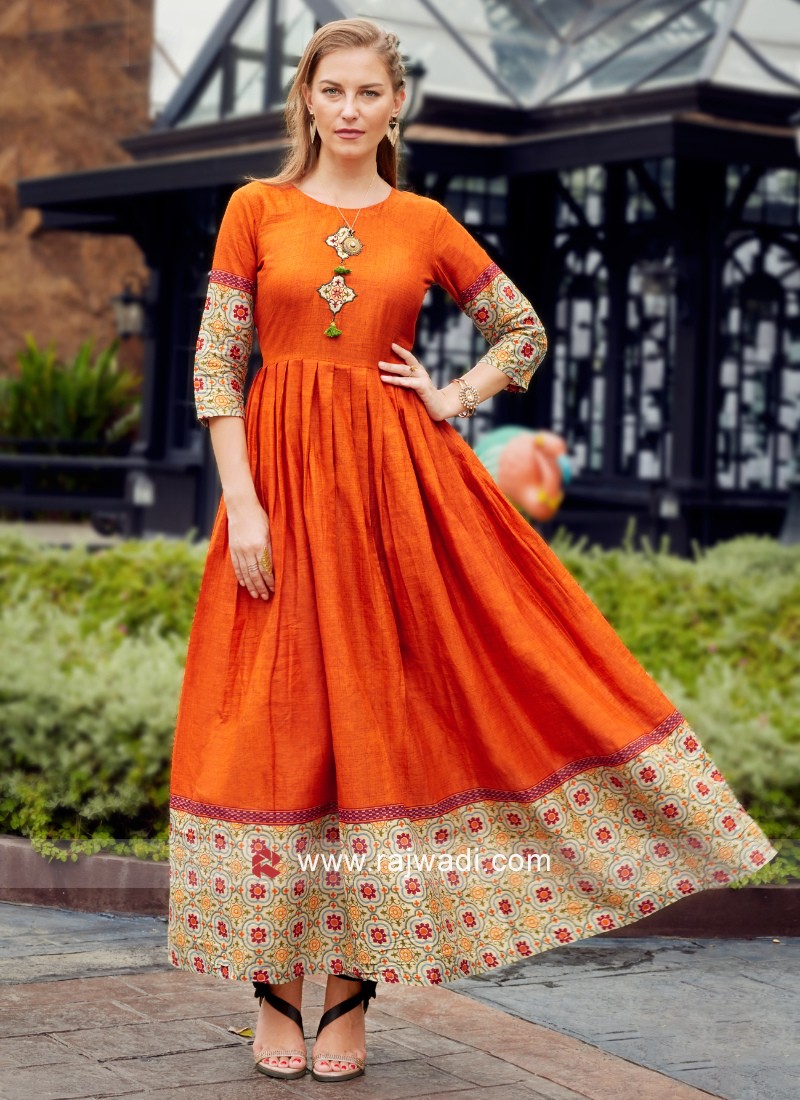 Designer Cotton A-Line Kurti In Orange Color