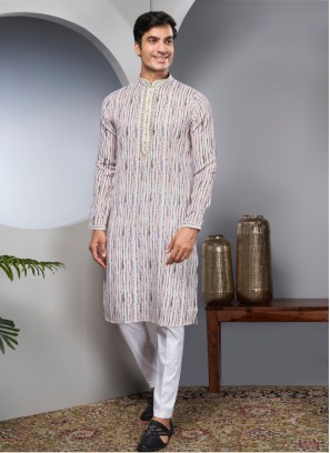 Designer Cotton Silk Off White Kurta Pajama