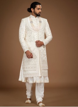 Designer Cream Embroidered Sherwani For Men