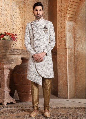 Designer Cream Indowestern In Jacquard Silk