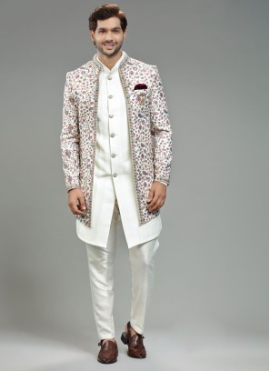 Designer Cream Jacket Style Indowestern In Silk