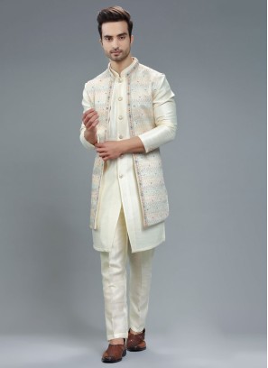 Designer Cream Nehru Jacket Set In Silk