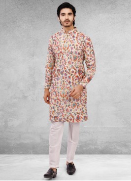 Designer Cream Printed Kurta Pajama