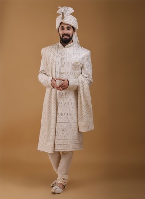 Designer Cream Sherwani For Groom Wear