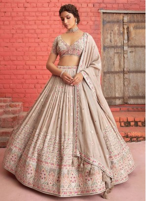 Designer Dark Beige Chiffon Embroidered Lehenga Choli