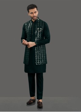 Designer Dark Green Sequins Embroidered Nehru Jacket Set