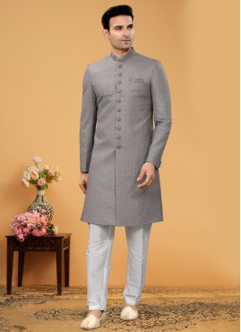 Designer Dark Grey Indowestern Set For Men