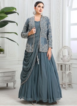 Designer Dark Grey Silk Gown with Attached Drape & Jacket